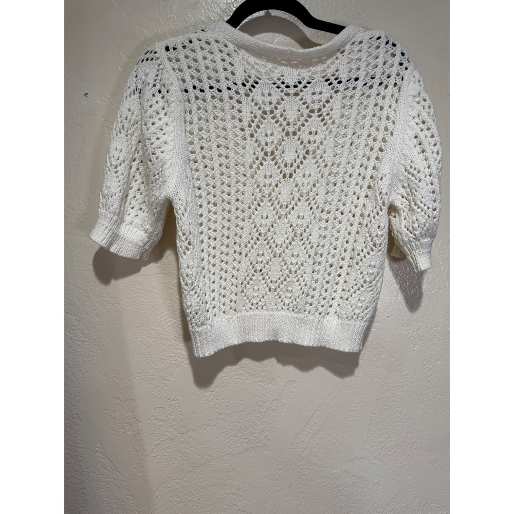 Hem & Thread White Pointelle Knit Short Sleeve Button Front Cardigan Sweater L - Picture 2 of 8